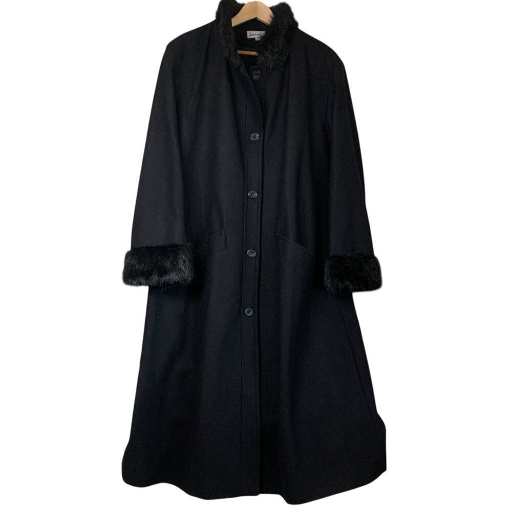 VTG Jonathan Michael Women's Black Wool Blend Long Coat Faux Fur Trim‎ Size 18W - Picture 11 of 15